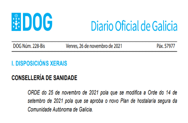 ORDE do 25 de novembro de 2021 pola que se modifica a Orde do 14 de setembro de 2021 pola que se aproba o novo Plan de hostalaría segura da Comunidade Autónoma de Galicia